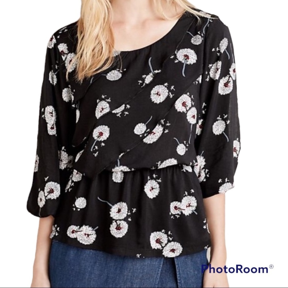 Anthropologie Deletta Black Wished Blooms Dandelion Blouse Shirt Top size Medium